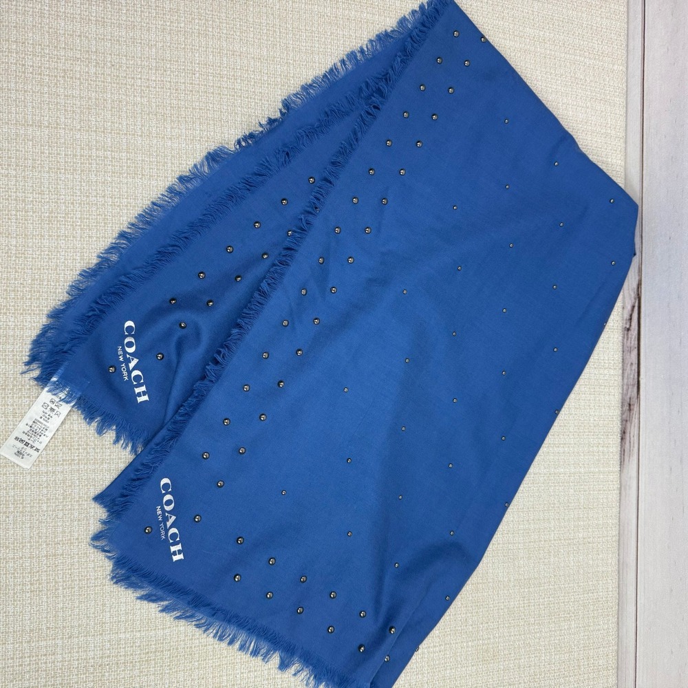 COACH New‎ York Blue Wool Studded Fringed Scarf Wrap Square 45 x 45